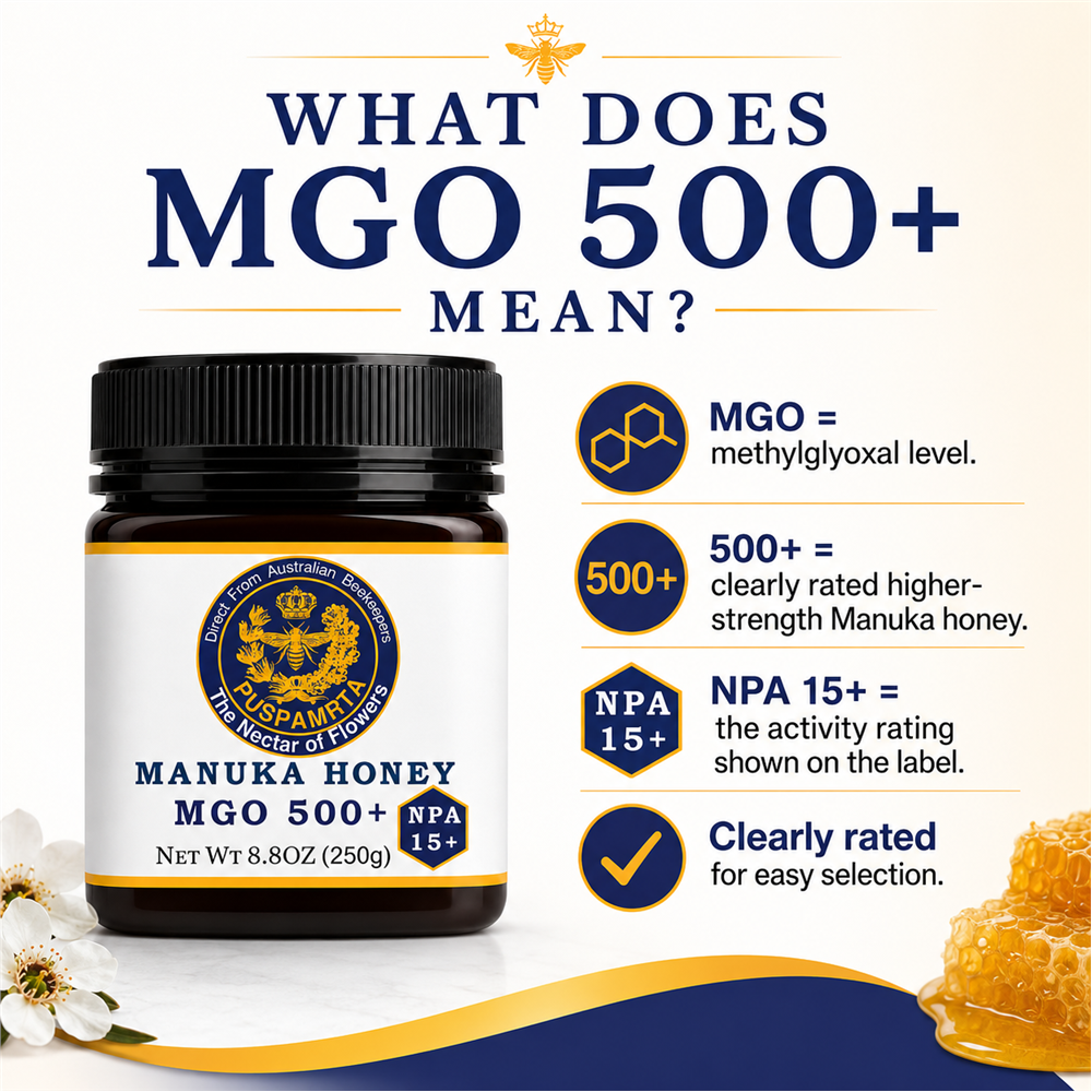 Puspamrta MGO 500+ Australian Manuka Honey available in 250g and 500g jars