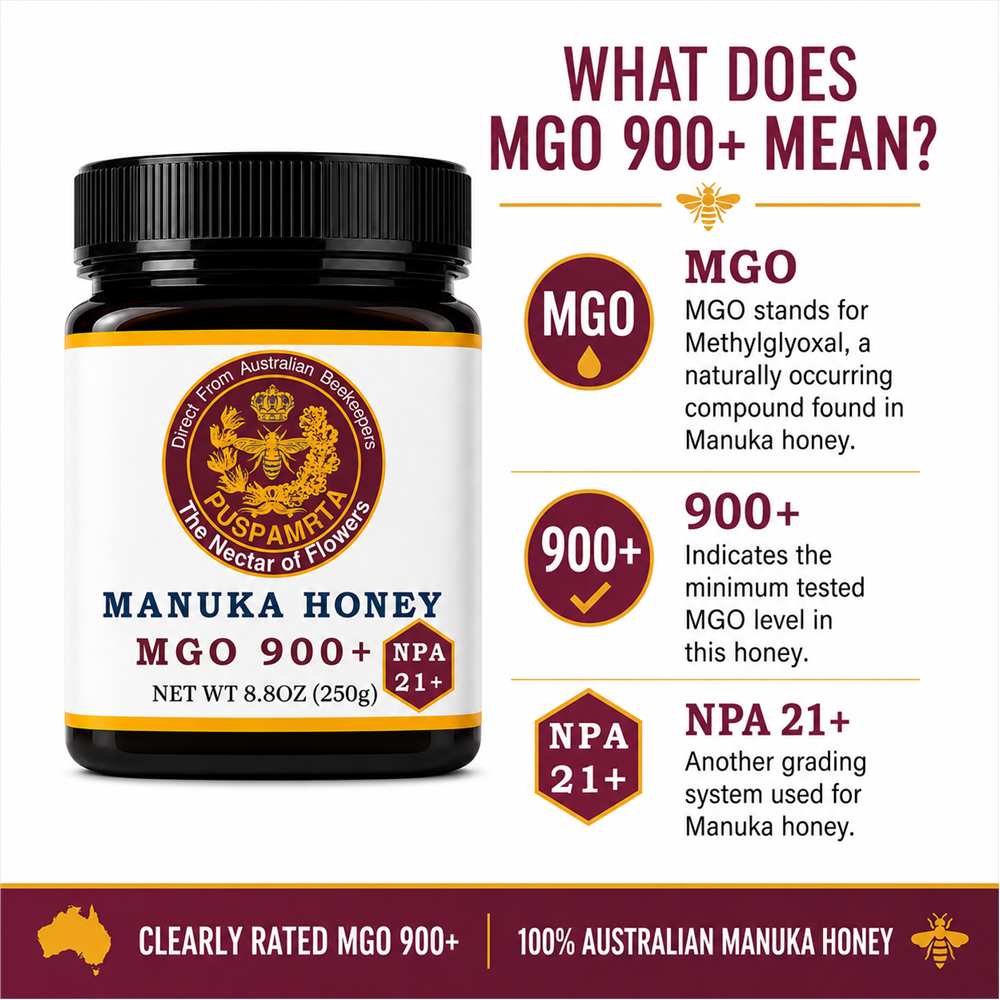 Puspamrta MGO 900+ Australian Manuka Honey available in 250g and 500g jars